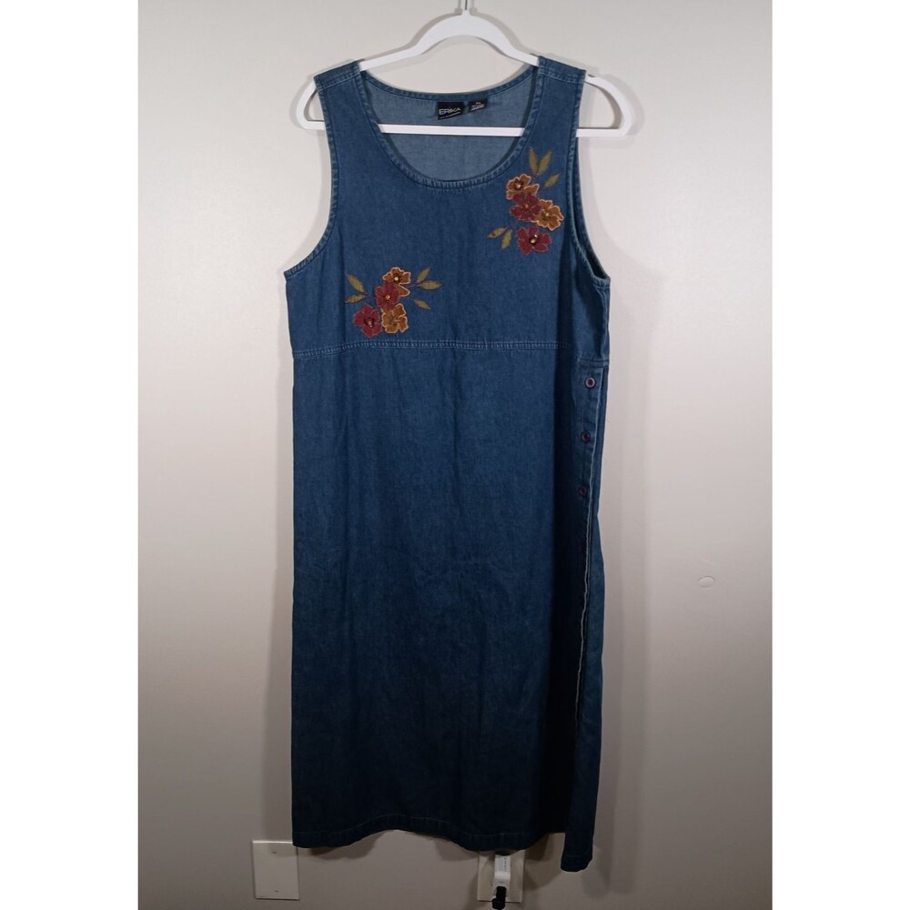Vintage Erika Flowers Denim Jumper Maxi Dress Size Large Petite Cottagecore Fall